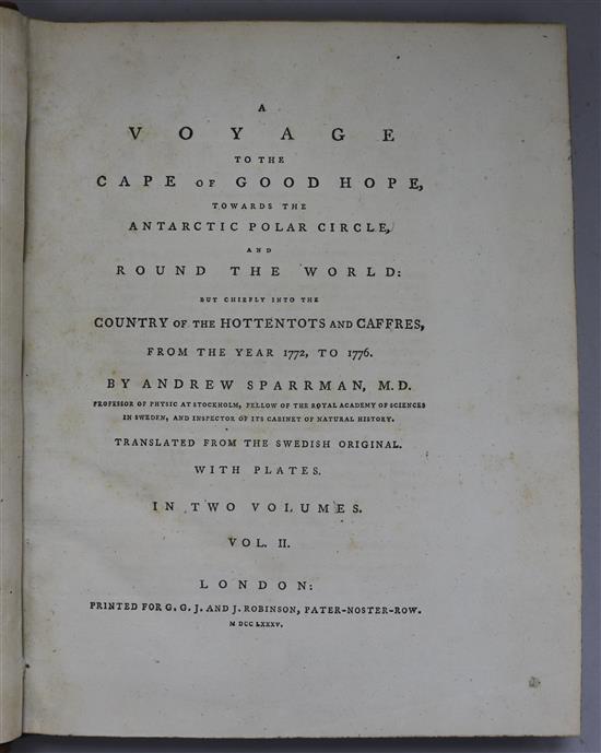Sparrman Anders - A Voyage to the Cape of Good Hope, 2 vols, 1st English edition, quarto, burred calf,